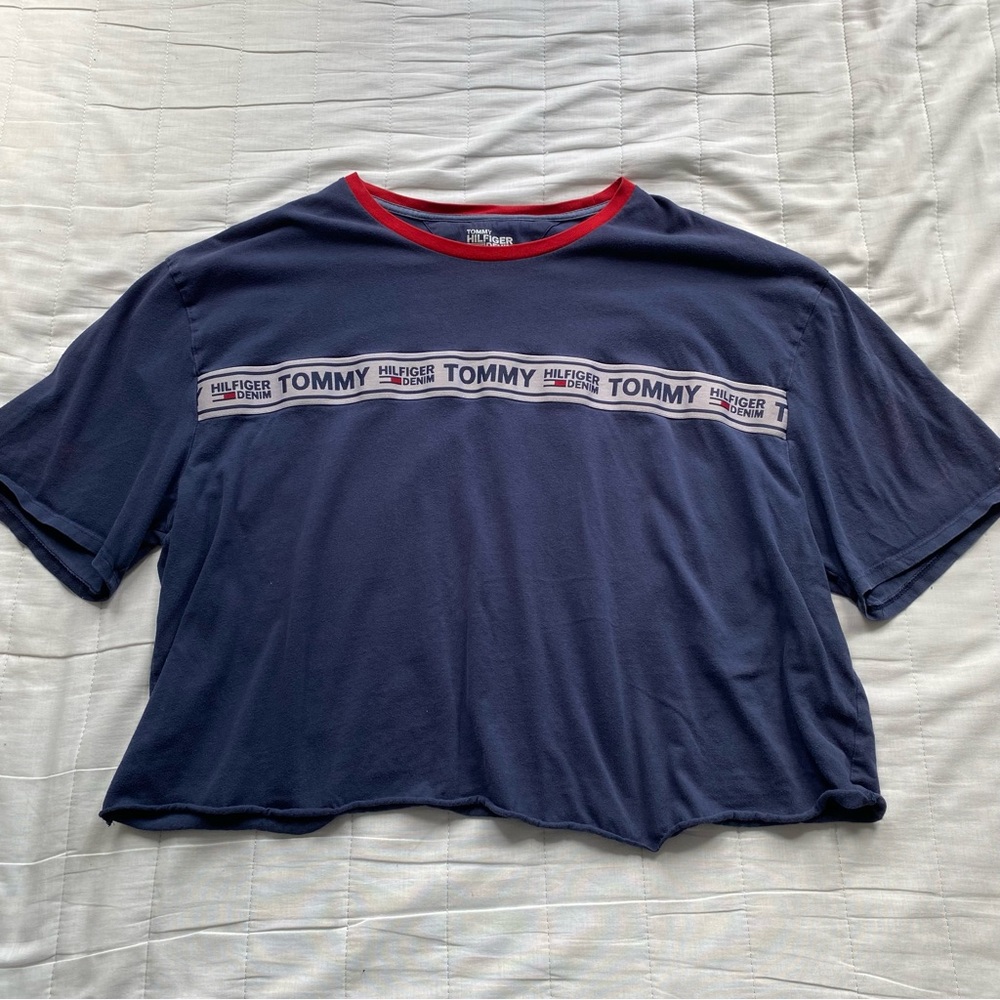 Tommy Hilfiger Navy Crop Tee with Red Neckline and Branded Chest Stripe